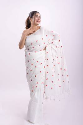 Cotton handloom white love ambrodari saree 1