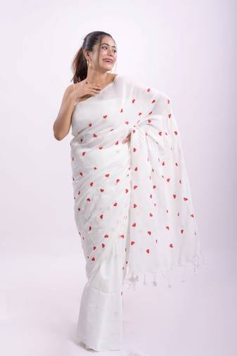 Cotton handloom white love ambrodari saree