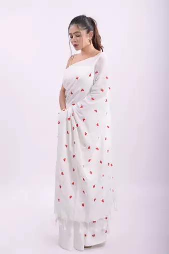 Cotton handloom white love ambrodari saree