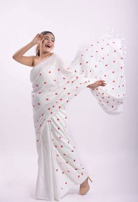 Cotton handloom white love ambrodari saree 3