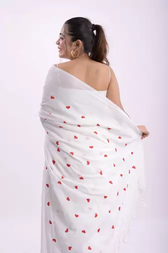 Cotton handloom white love ambrodari saree
