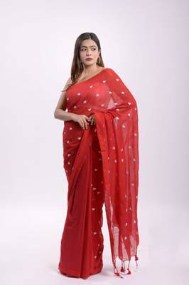 Cotton handloom red love ambrodari saree 1