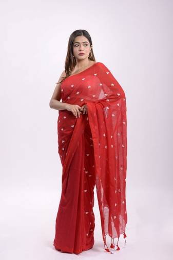 Cotton handloom red love ambrodari saree