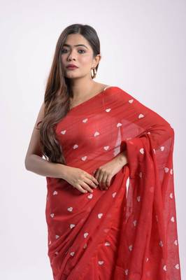 Cotton handloom red love ambrodari saree 2