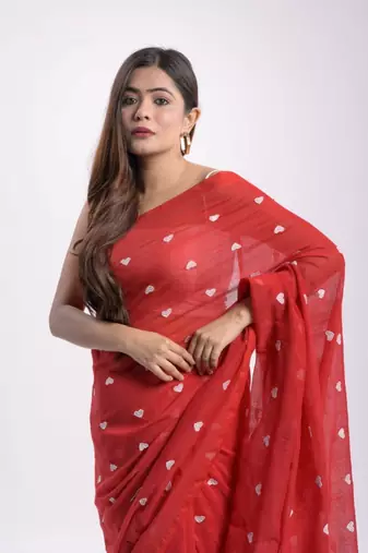 Cotton handloom red love ambrodari saree