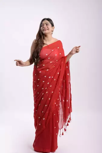 Cotton handloom red love ambrodari saree