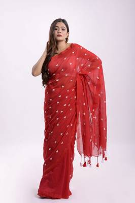 Cotton handloom red love ambrodari saree 4