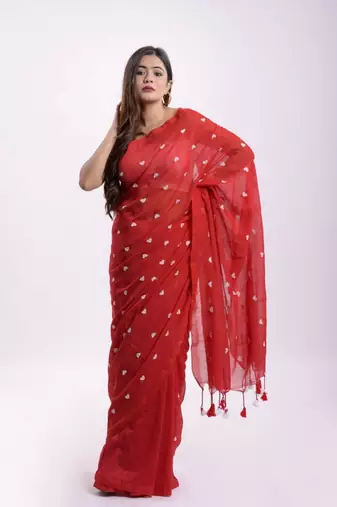 Cotton handloom red love ambrodari saree
