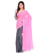 Cotton blend handloom pink grey saree