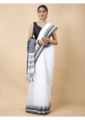 Cotton handloom white tangail saree 3