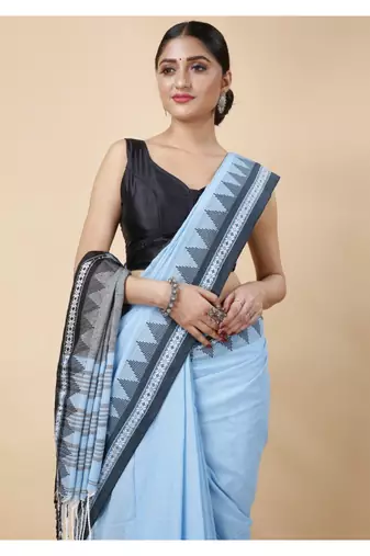 Cotton handloom sky blue tangail saree