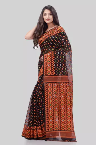 Corton blend lime black jamdani saree