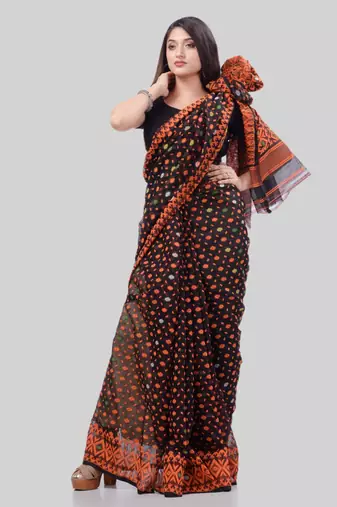 Corton blend lime black jamdani saree