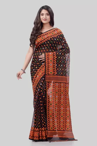 Corton blend lime black jamdani saree