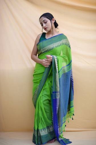 Handloom green cotton saree