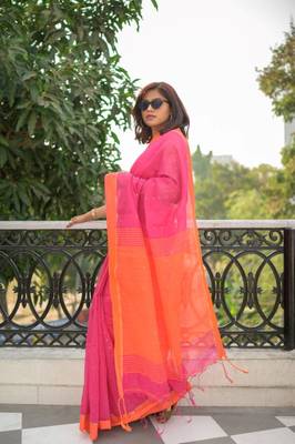 Handloom cotton blend rani pink sequin saree 3