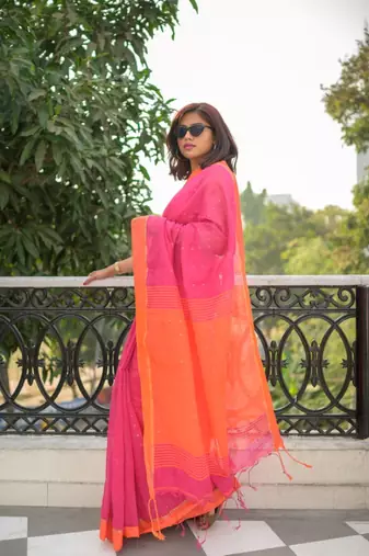 Handloom cotton blend rani pink sequin saree