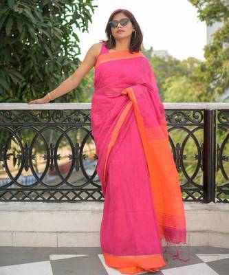 Handloom cotton blend rani pink sequin saree 1