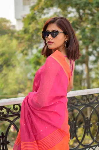 Handloom cotton blend rani pink sequin saree