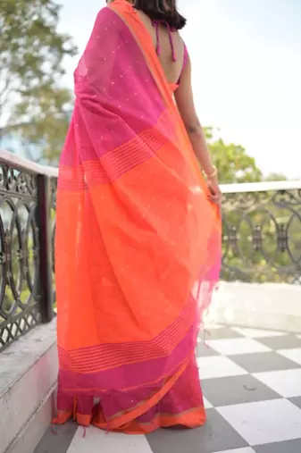 Handloom cotton blend rani pink sequin saree