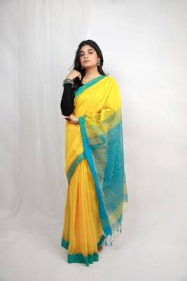 Handloom cotton blend yellow sequin saree 1