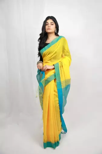 Handloom cotton blend yellow sequin saree