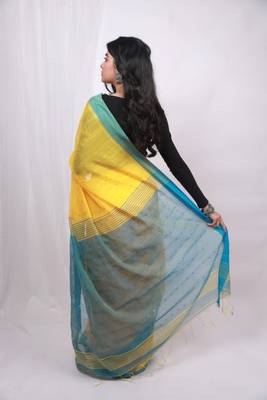 Handloom cotton blend yellow sequin saree 3
