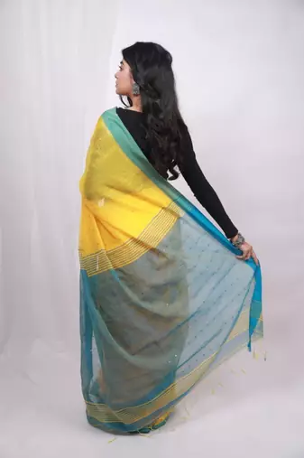 Handloom cotton blend yellow sequin saree