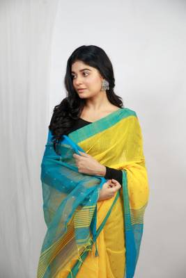 Handloom cotton blend yellow sequin saree 4
