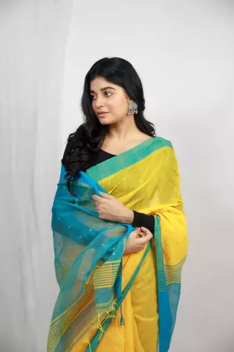 Handloom cotton blend yellow sequin saree