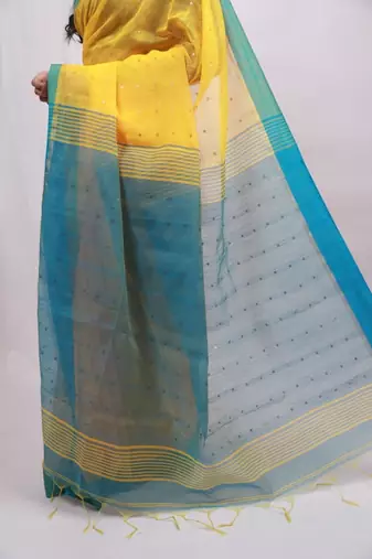Handloom cotton blend yellow sequin saree