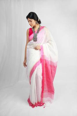 Handloom cotton blend white sequin saree 1