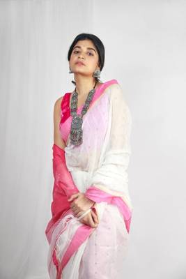 Handloom cotton blend white sequin saree 2