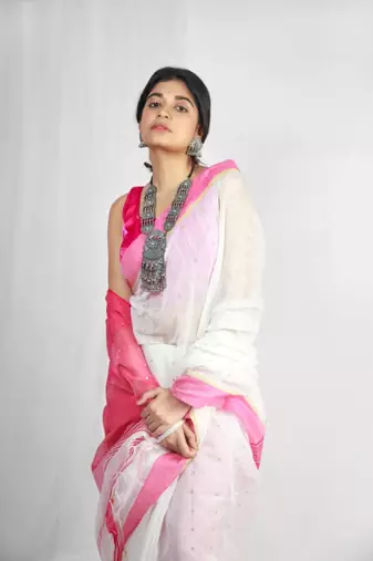 Handloom cotton blend white sequin saree