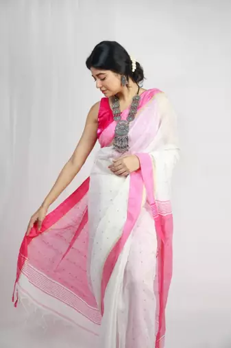 Handloom cotton blend white sequin saree