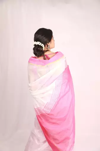 Handloom cotton blend white sequin saree