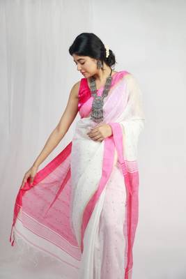 Handloom cotton blend white sequin saree 5