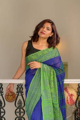 Handloom blue cotton begampuri saree 2