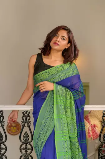 Handloom blue cotton begampuri saree