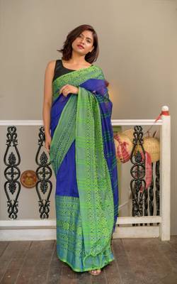 Handloom blue cotton begampuri saree 4