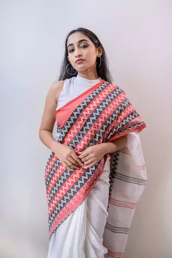 Handloom white cotton begampuri saree