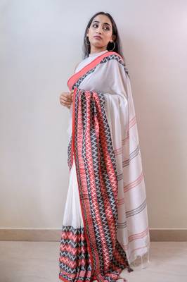 Handloom white cotton begampuri saree 3