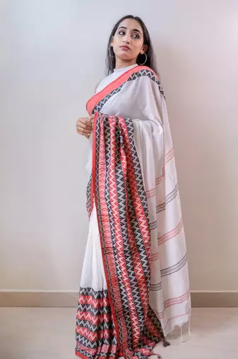 Handloom white cotton begampuri saree