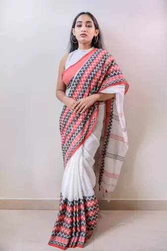 Handloom white cotton begampuri saree