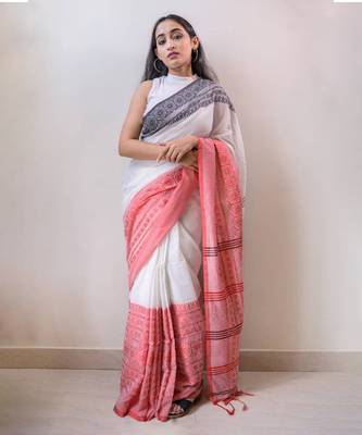 Handloom white cotton begampuri saree 1