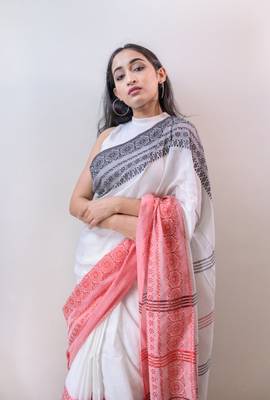 Handloom white cotton begampuri saree 2