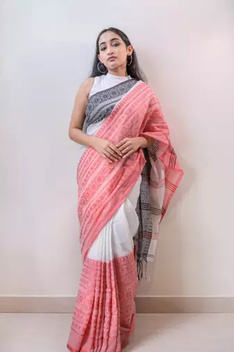 Handloom white cotton begampuri saree