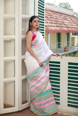 Handloom white cotton begampuri saree 4