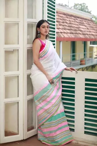 Handloom white cotton begampuri saree