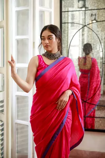 Handloom rani pink cotton saree